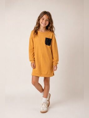 Miles Mustard Girls Sweatshirt Dress Size 7 French Terry Pocket Cozy Kids